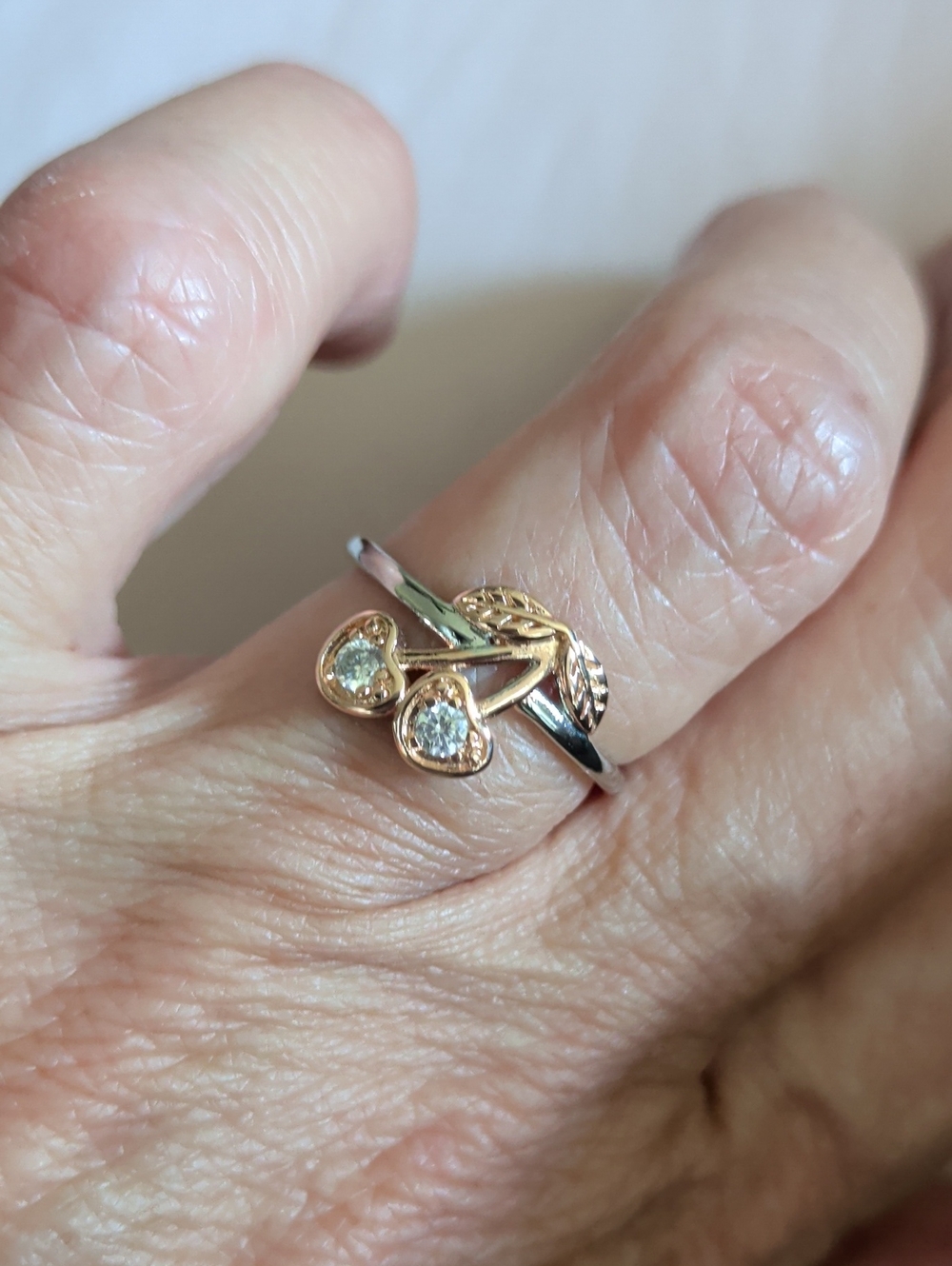 Elegant Two-Tone Cherry Ring with Clear Stones - Women Jewelry
